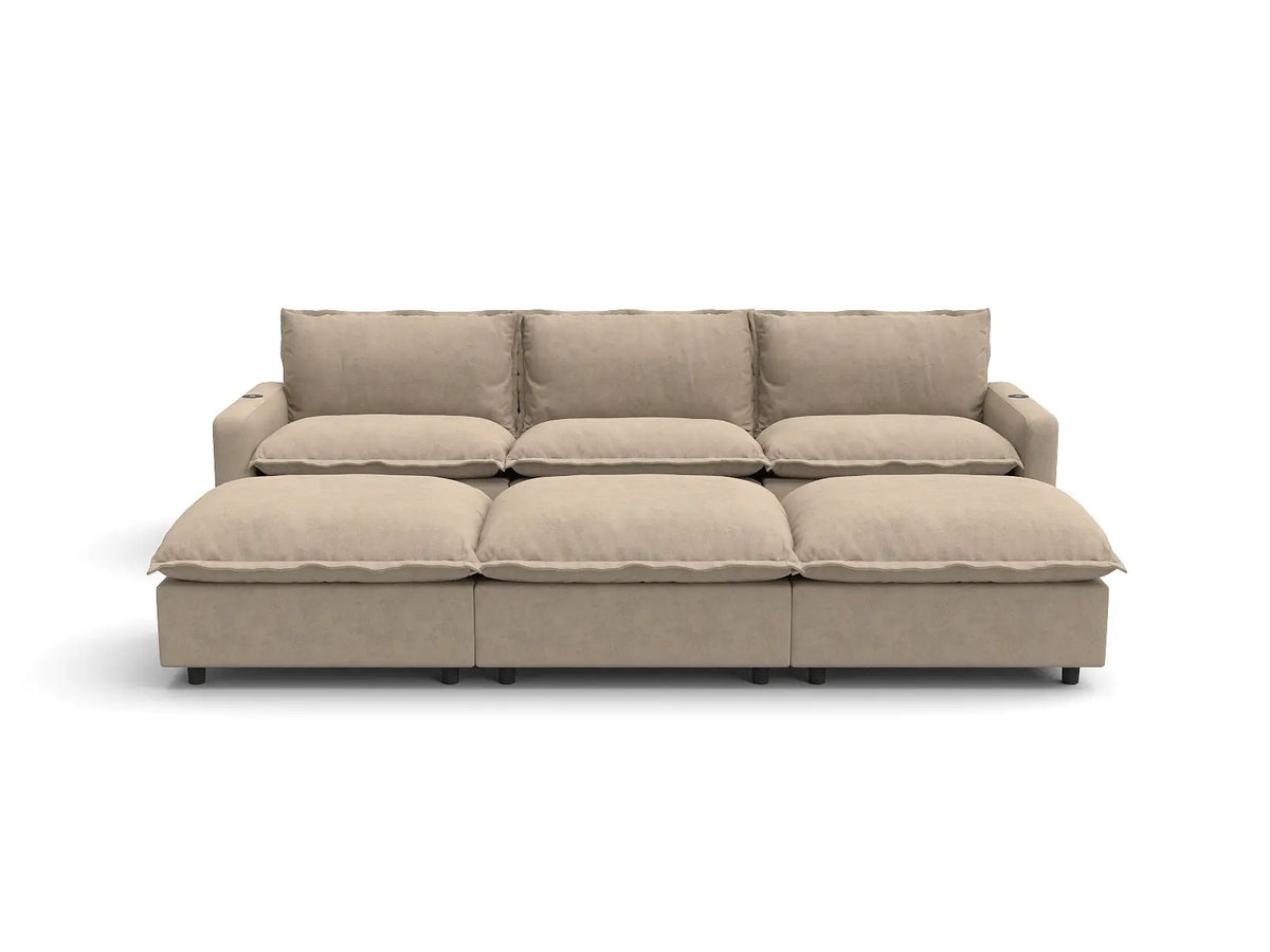 Modular Cero Reclining Sectionals | 6-Piece Khaki Linen Large Space Pit Sectionals 3-Seater with 3-Ottomans
