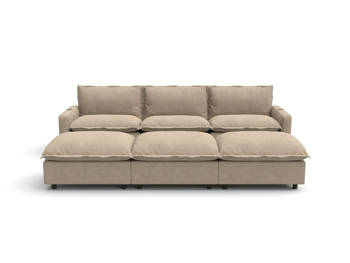 Modular Cero Reclining Sectionals | 6-Piece Khaki Linen Large Space Pit Sectionals 3-Seater with 3-Ottomans