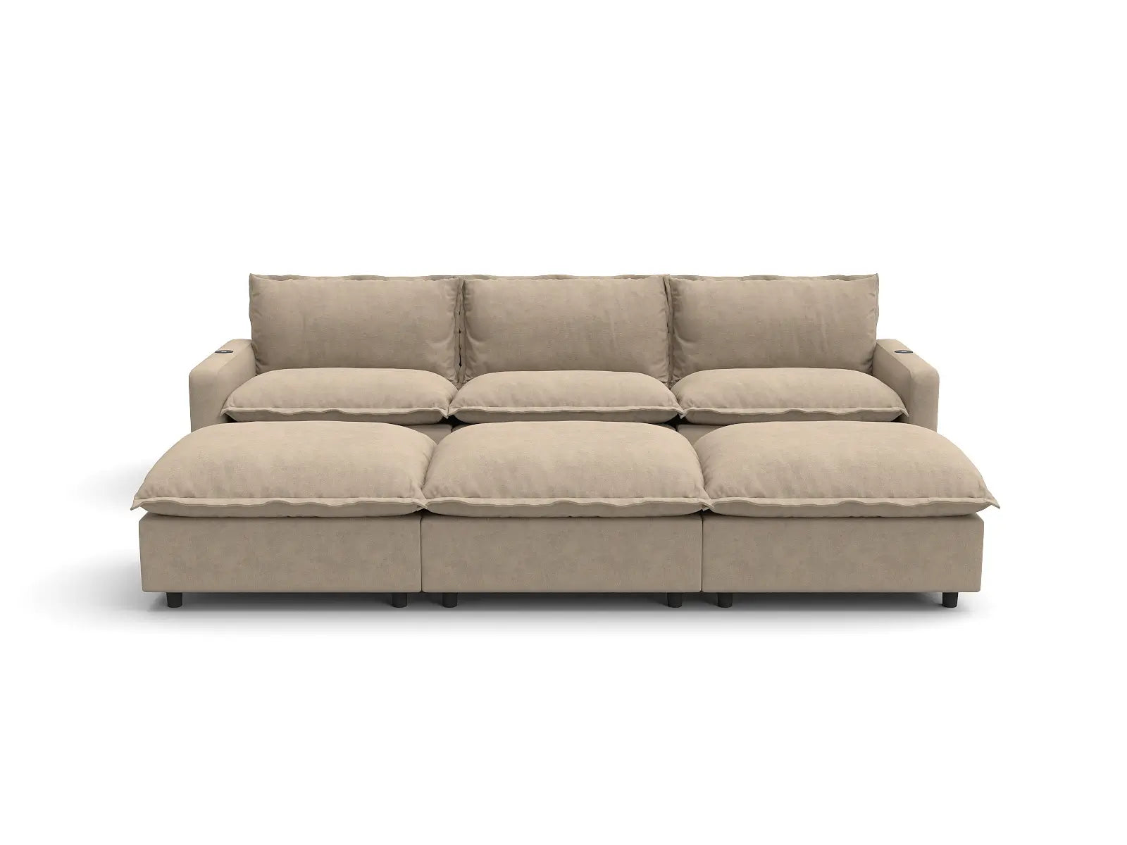 Modular Cero Sectional Sofa with Chaise and Recliner | 6-Piece Khaki Linen Large Space Pit Sectionals 3-Seater with 3-Ottomans