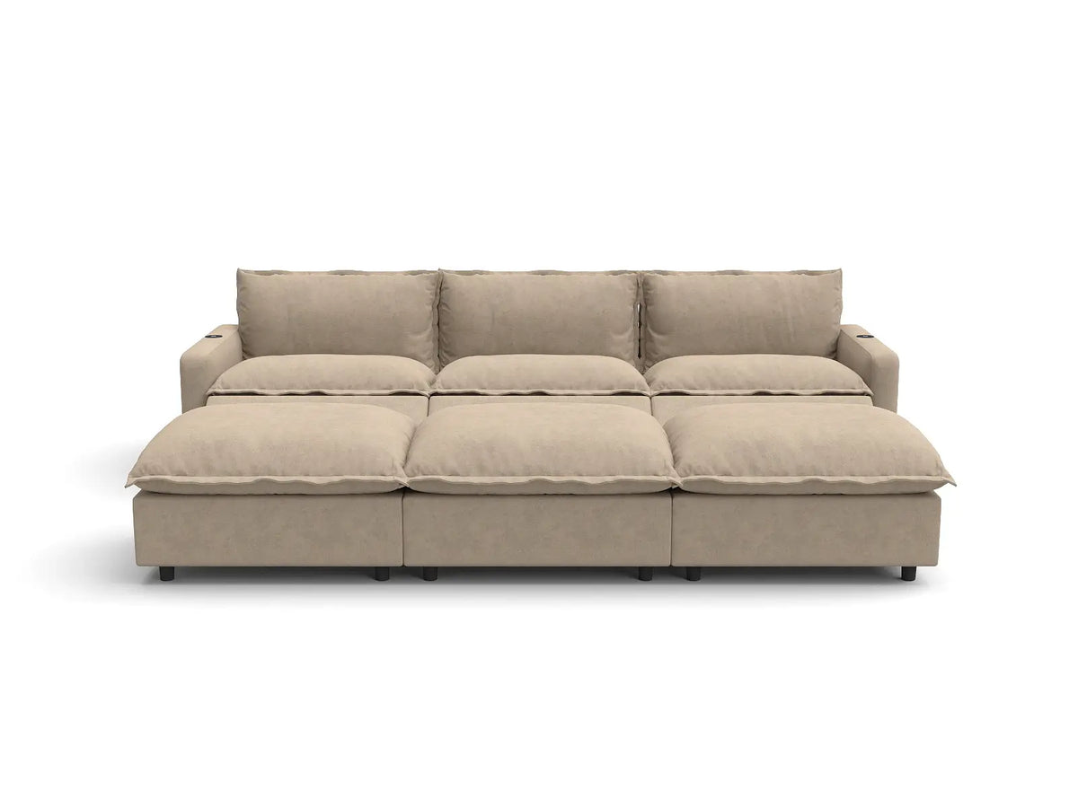 Modular Cero Reclining Sectionals | 6-Piece Khaki Linen Large Space Pit Sectionals 3-Seater with 3-Ottomans