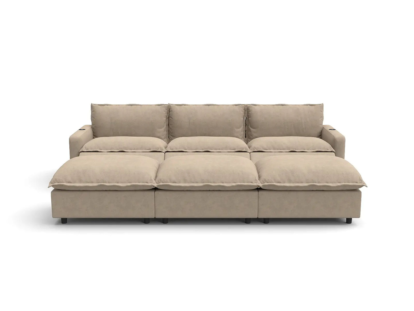 Modular Cero Reclining Sectionals | 6-Piece Khaki Linen Large Space Pit Sectionals 3-Seater with 3-Ottomans
