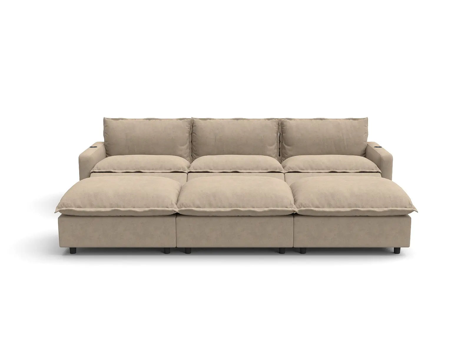 Modular Cero Sectional Sofa Recliner Chaise | 6-Piece Khaki Linen Large Space Pit Sectionals 3-Seater with 3-Ottomans