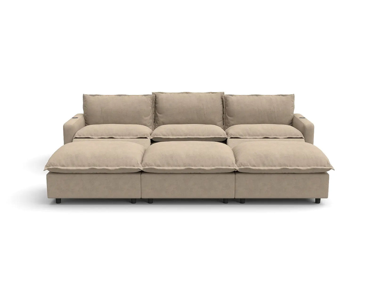 Modular Cero Reclining Sectionals | 6-Piece Khaki Linen Large Space Pit Sectionals 3-Seater with 3-Ottomans
