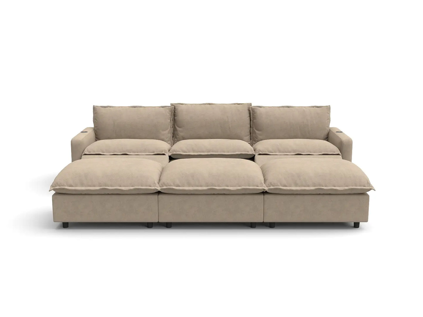 Modular Cero Reclining Sectionals | 6-Piece Khaki Linen Large Space Pit Sectionals 3-Seater with 3-Ottomans