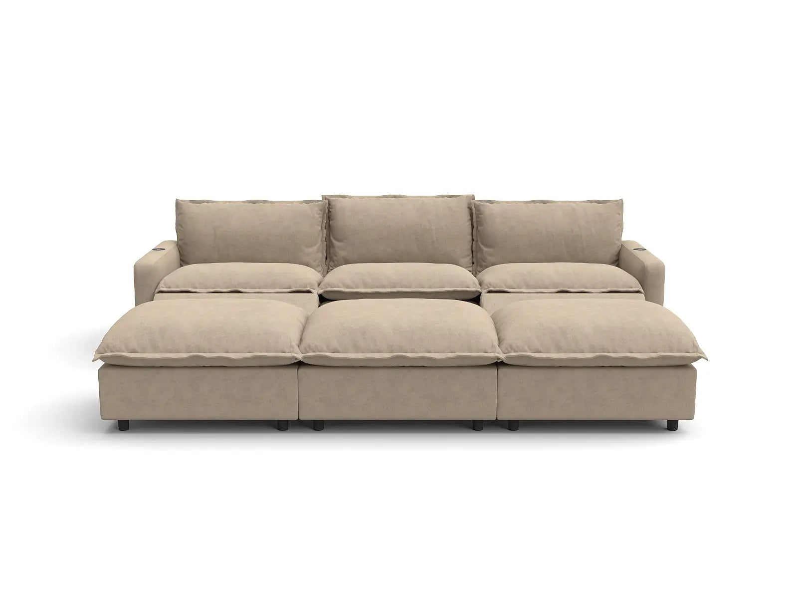 Modular Cero Sectional Sofa with Chaise and Recliner | 6-Piece Khaki Linen Large Space Pit Sectionals 3-Seater with 3-Ottomans