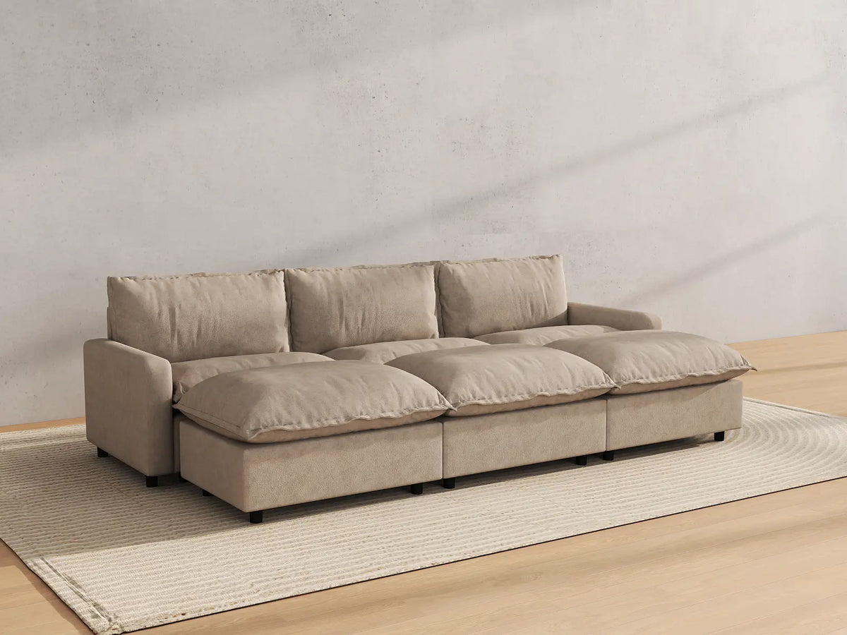 Modular Cero Modular Sectionals | 6-Piece Khaki Linen Large Space Pit Sectionals 3-Seater with 3-Ottomans