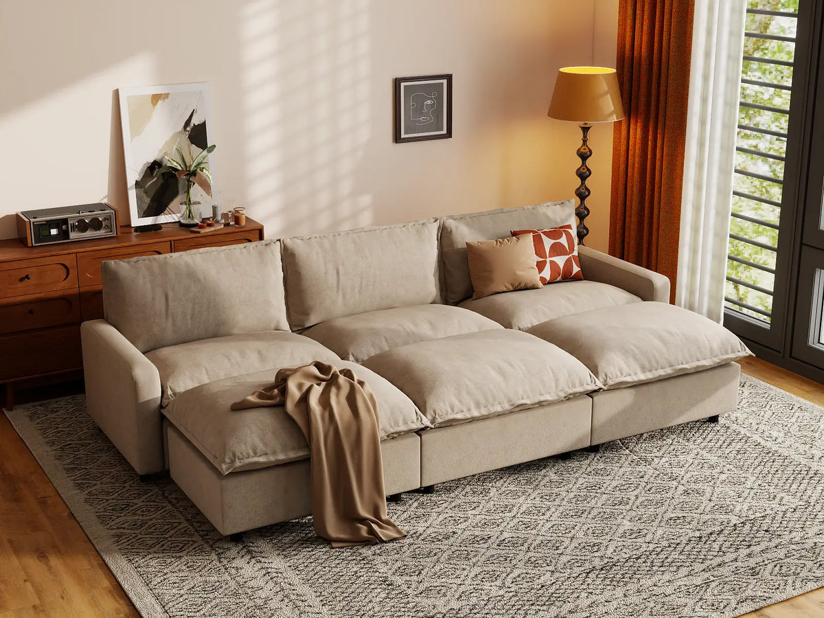 Modular Cero Modular Sectionals | 6-Piece Khaki Linen Large Space Pit Sectionals 3-Seater with 3-Ottomans