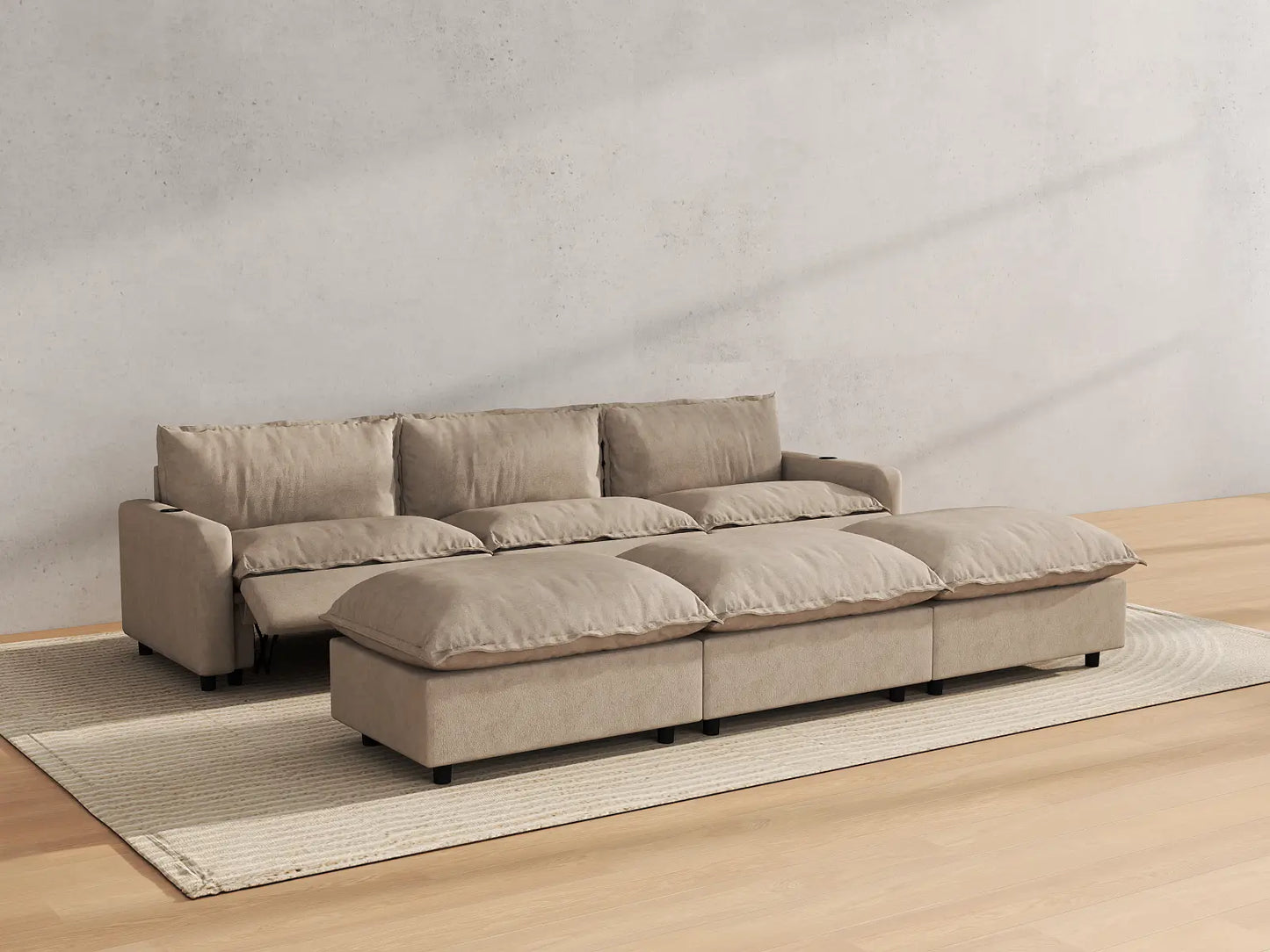 Modular Cero Reclining Sectionals | 6-Piece Khaki Linen Large Space Pit Sectionals 3-Seater with 3-Ottomans