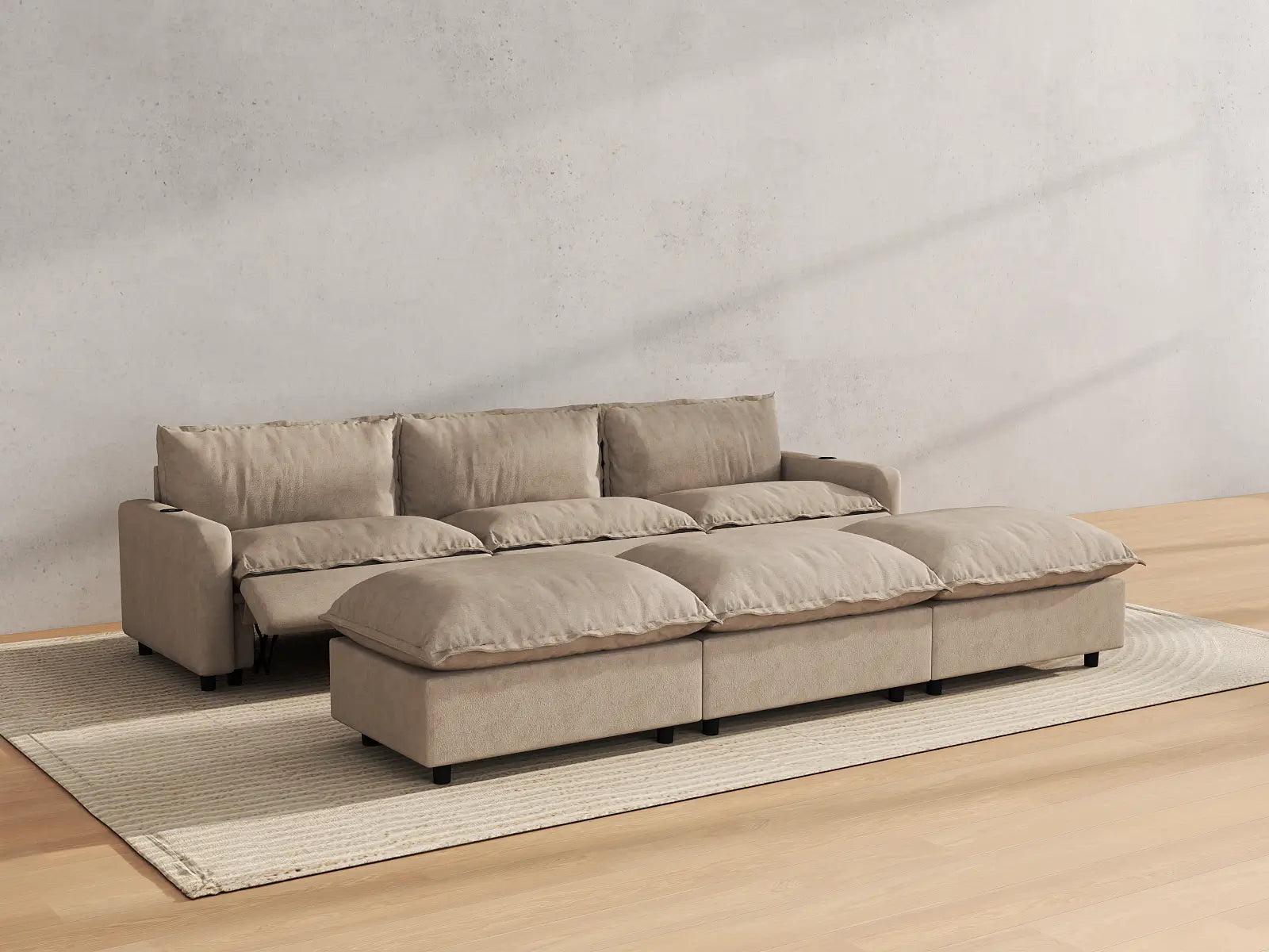 Modular Cero Sectional Sofa Recliner Chaise | 6-Piece Khaki Linen Large Space Pit Sectionals 3-Seater with 3-Ottomans