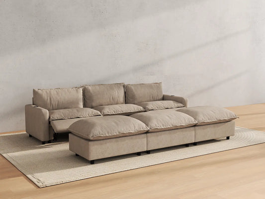 Modular Cero Reclining Sectionals | 6-Piece Khaki Linen Large Space Pit Sectionals 3-Seater with 3-Ottomans