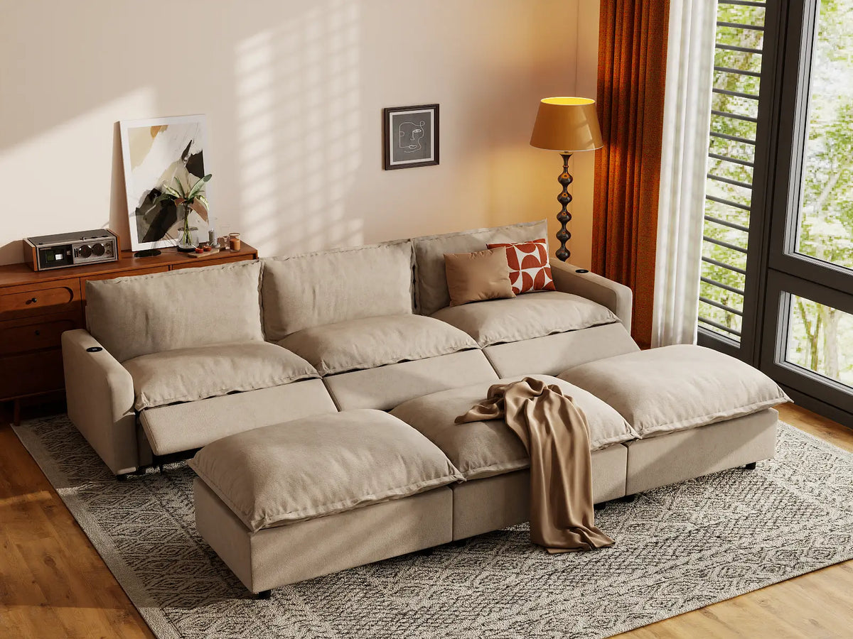 Modular Cero Reclining Sectionals | 6-Piece Khaki Linen Large Space Pit Sectionals 3-Seater with 3-Ottomans