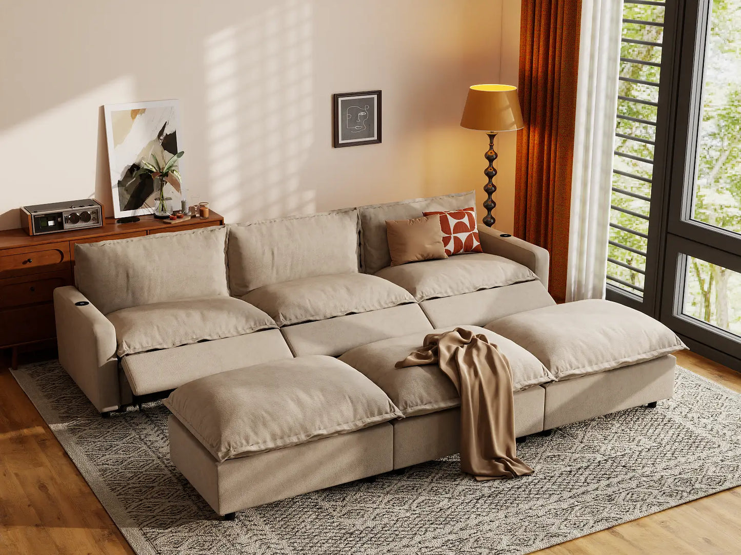 Modular Cero Reclining Sectionals | 6-Piece Khaki Linen Large Space Pit Sectionals 3-Seater with 3-Ottomans
