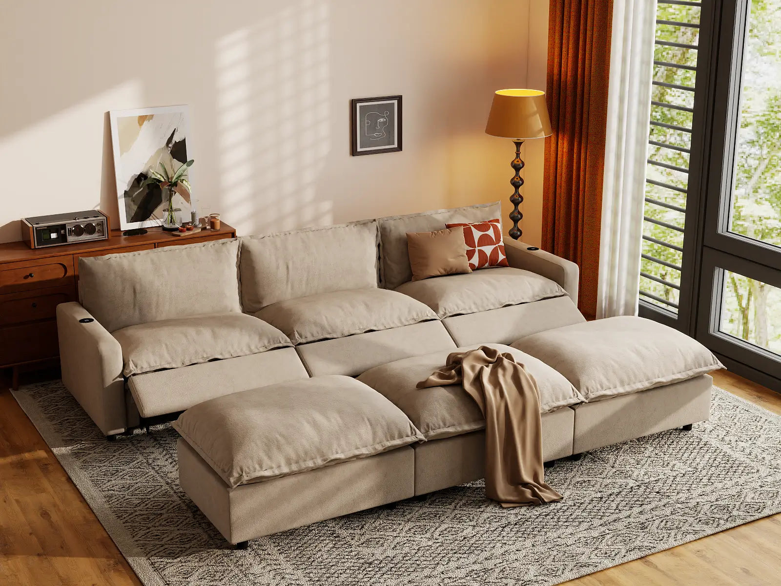 Modular Cero Sectional Sofa Recliner Chaise | 6-Piece Khaki Linen Large Space Pit Sectionals 3-Seater with 3-Ottomans