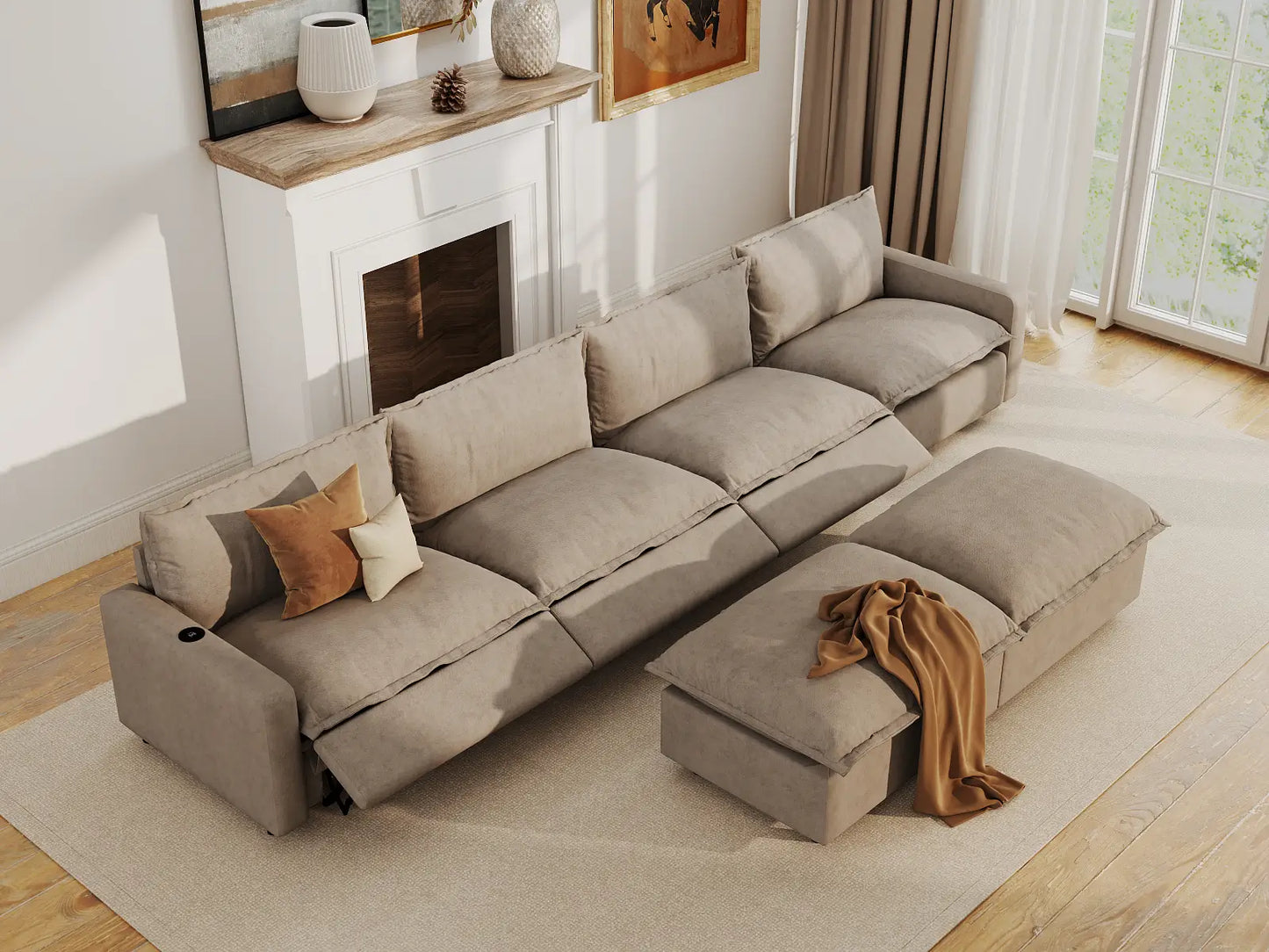 Modular Cero Reclining Sectionals | 6-Piece Khaki Linen Large Space Sofa Sets 4-Seater with 2-Ottomans