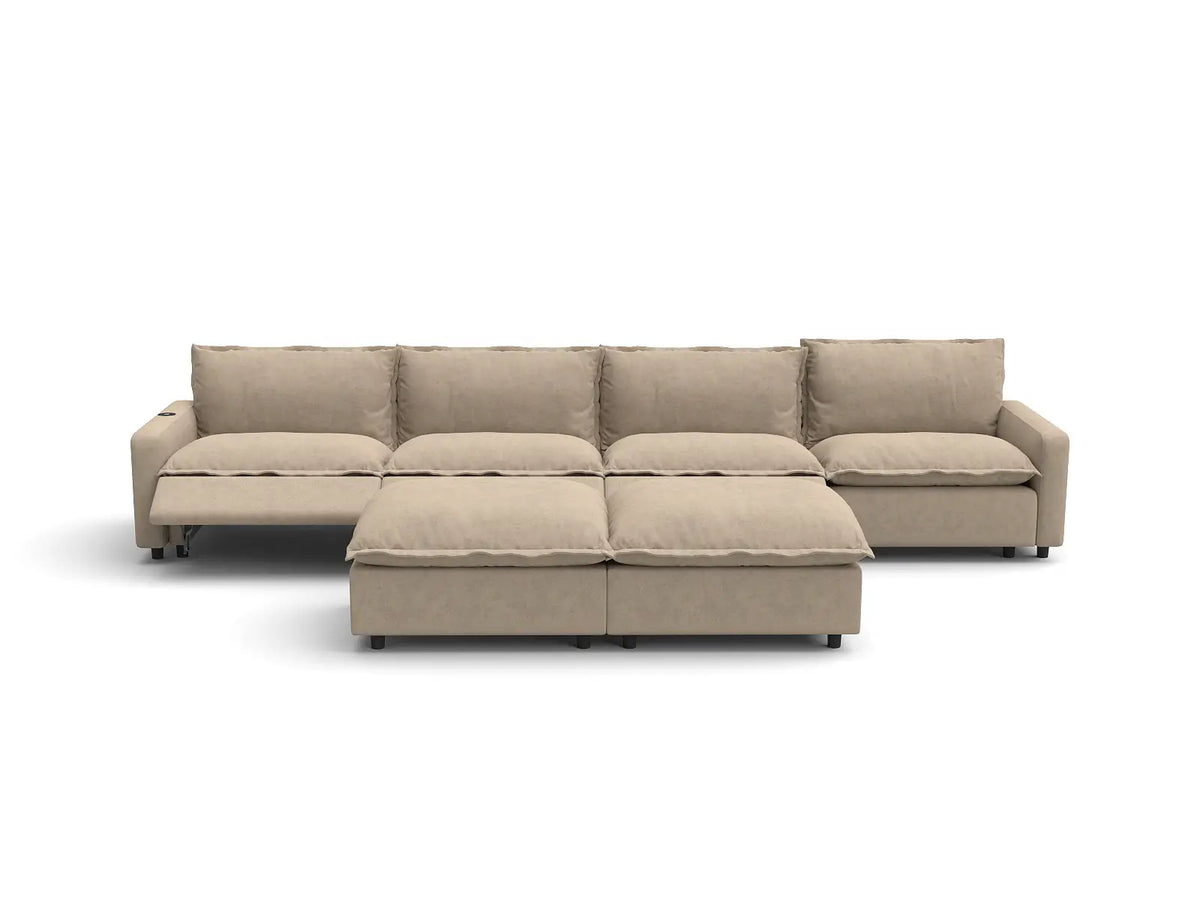 Modular Cero Reclining Sectionals | 6-Piece Khaki Linen Large Space Sofa Sets 4-Seater with 2-Ottomans
