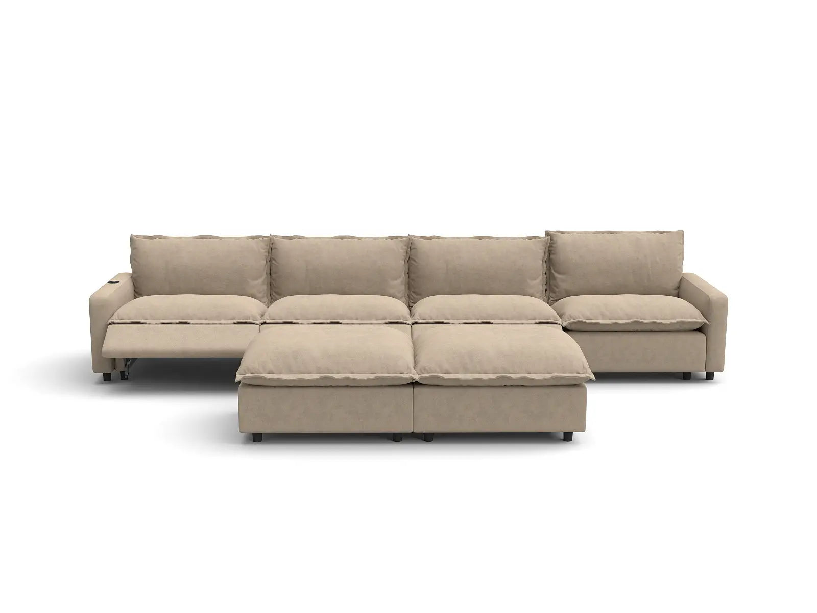 Modular Cero Power Reclining Sofa Set | 6-Piece Khaki Linen Large Space Sofa Sets 4-Seater with 2-Ottomans
