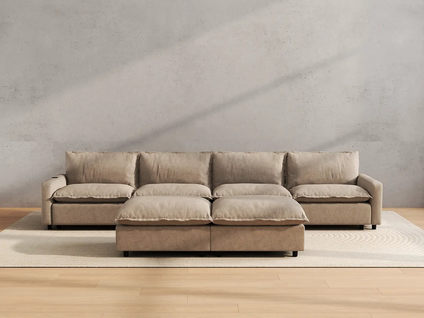 Modular Cero Reclining Sectionals | 6-Piece Khaki Linen Large Space Sofa Sets 4-Seater with 2-Ottomans