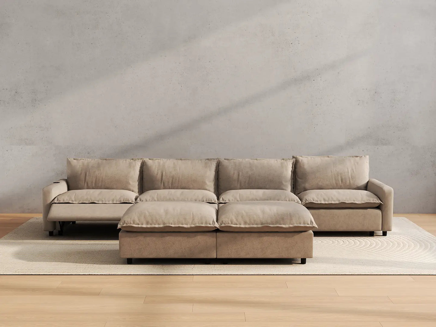 Modular Cero Reclining Sectionals | 6-Piece Khaki Linen Large Space Sofa Sets 4-Seater with 2-Ottomans