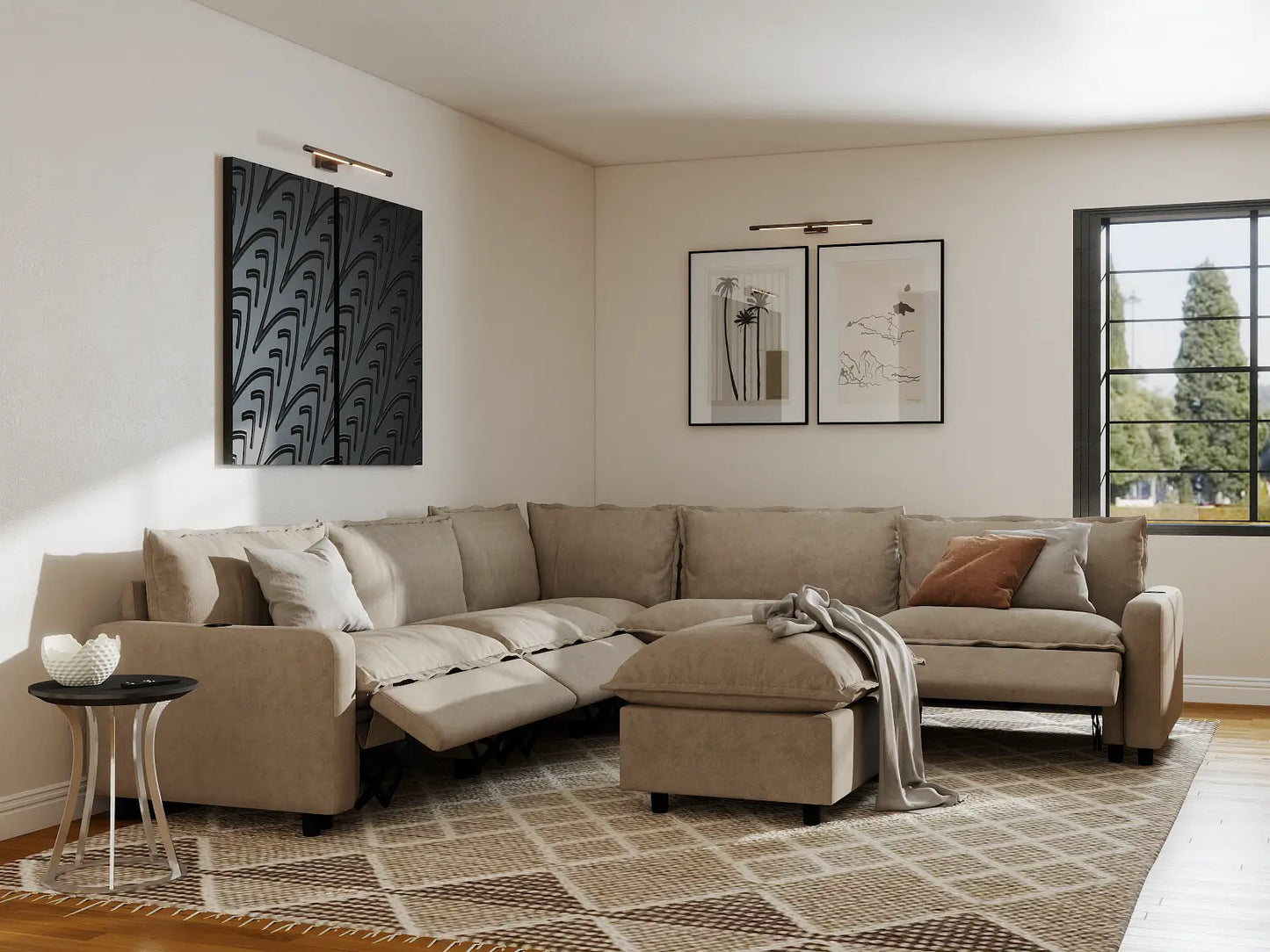 Modular Cero Reclining Sectionals | 6-Piece Khaki Linen Large Space Sofa Sets 5-Seater with 1-Ottoman
