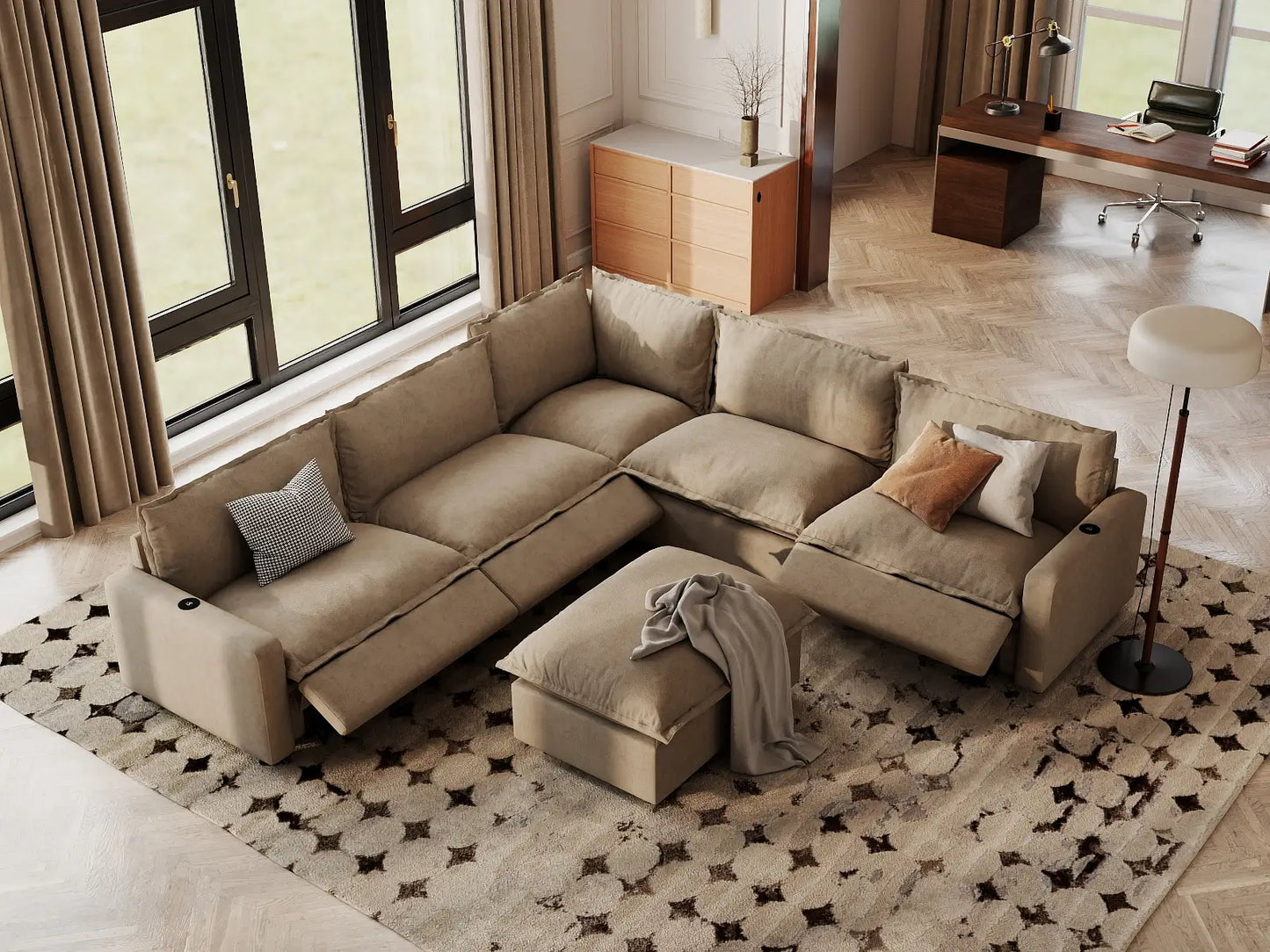 Modular Cero Reclining Sectionals | 6-Piece Khaki Linen Large Space Sofa Sets 5-Seater with 1-Ottoman