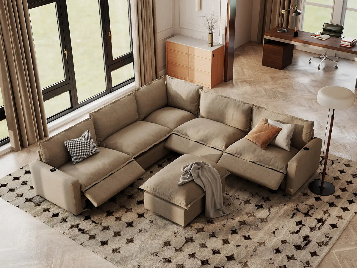 Modular Cero Reclining Sectionals | 6-Piece Khaki Linen Large Space Sofa Sets 5-Seater with 1-Ottoman