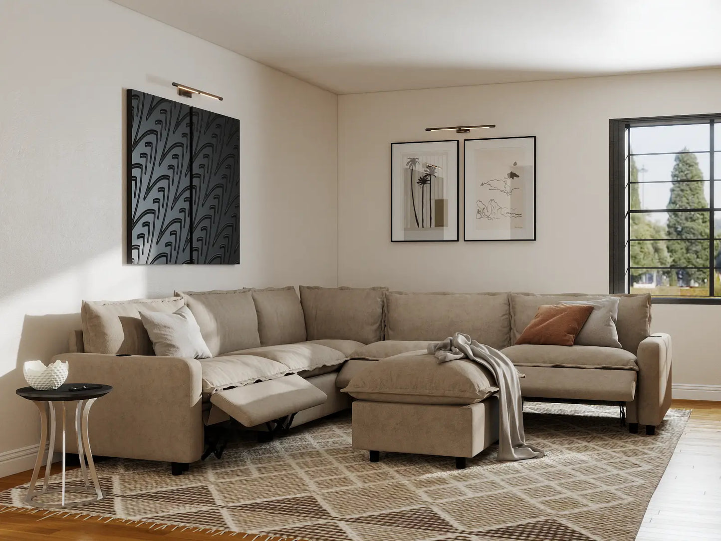 Modular Cero Reclining Sectionals | 6-Piece Khaki Linen Large Space Sofa Sets 5-Seater with 1-Ottoman