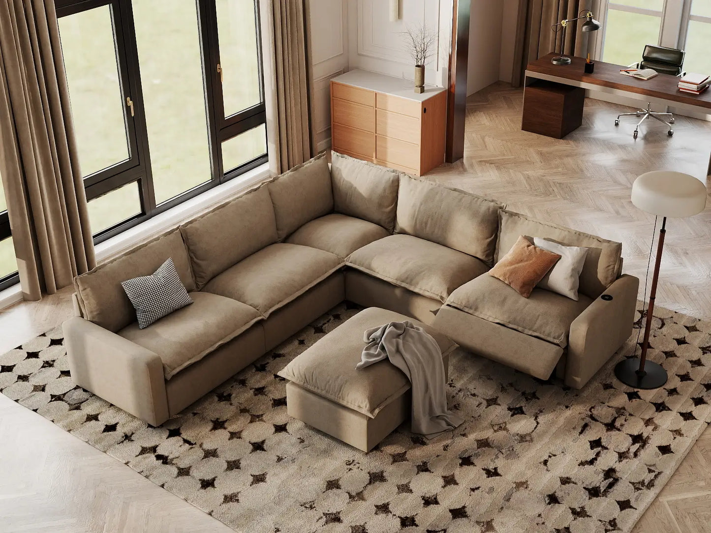 Modular Cero Reclining Sectionals | 6-Piece Khaki Linen Large Space Sofa Sets 5-Seater with 1-Ottoman