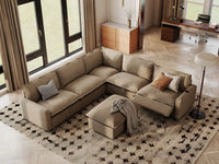 Modular Cero Reclining Sectionals | 6-Piece Khaki Linen Large Space Sofa Sets 5-Seater with 1-Ottoman