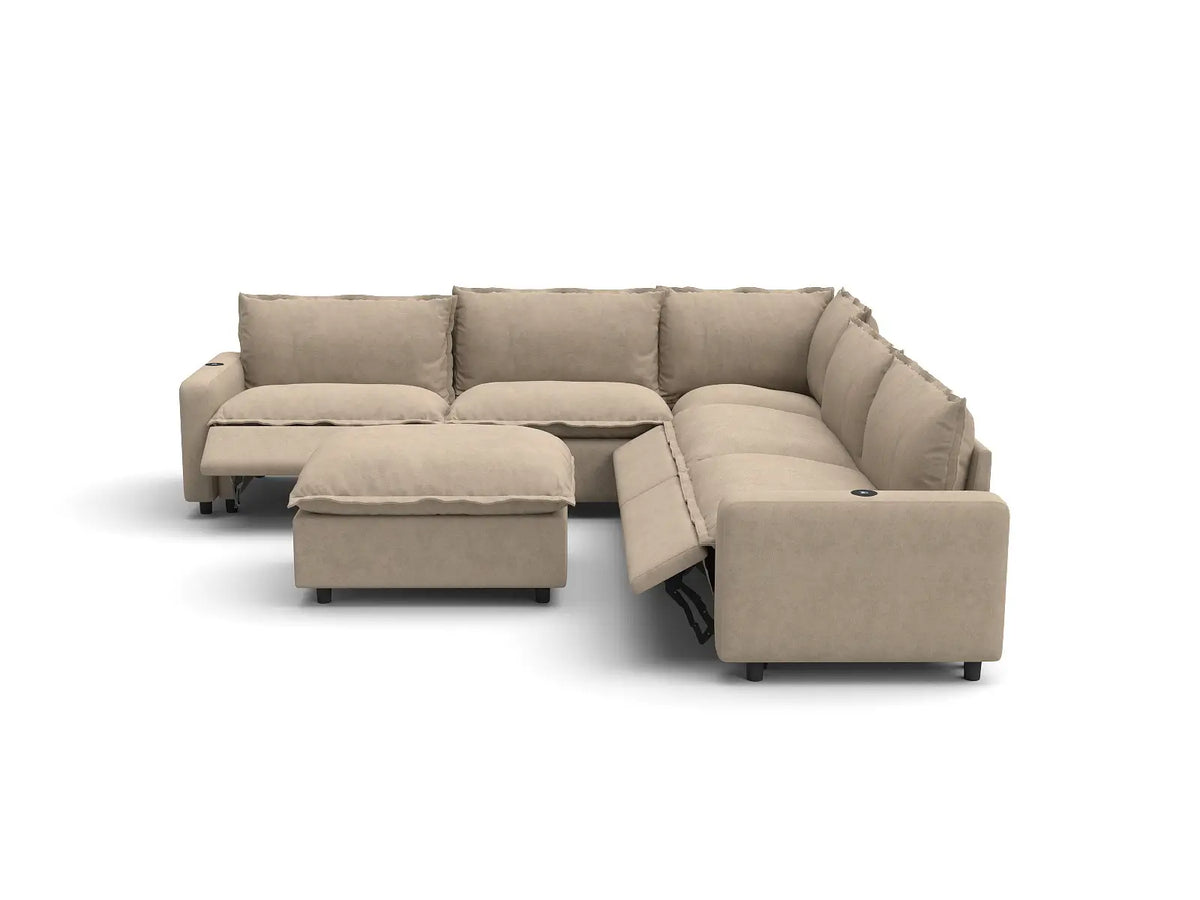 Modular Cero Reclining Sectionals | 6-Piece Khaki Linen Large Space Sofa Sets 5-Seater with 1-Ottoman