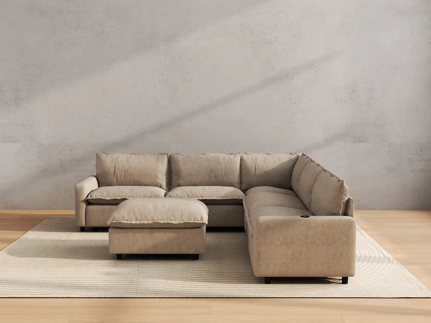 Modular Cero Reclining Sectionals | 6-Piece Khaki Linen Large Space Sofa Sets 5-Seater with 1-Ottoman