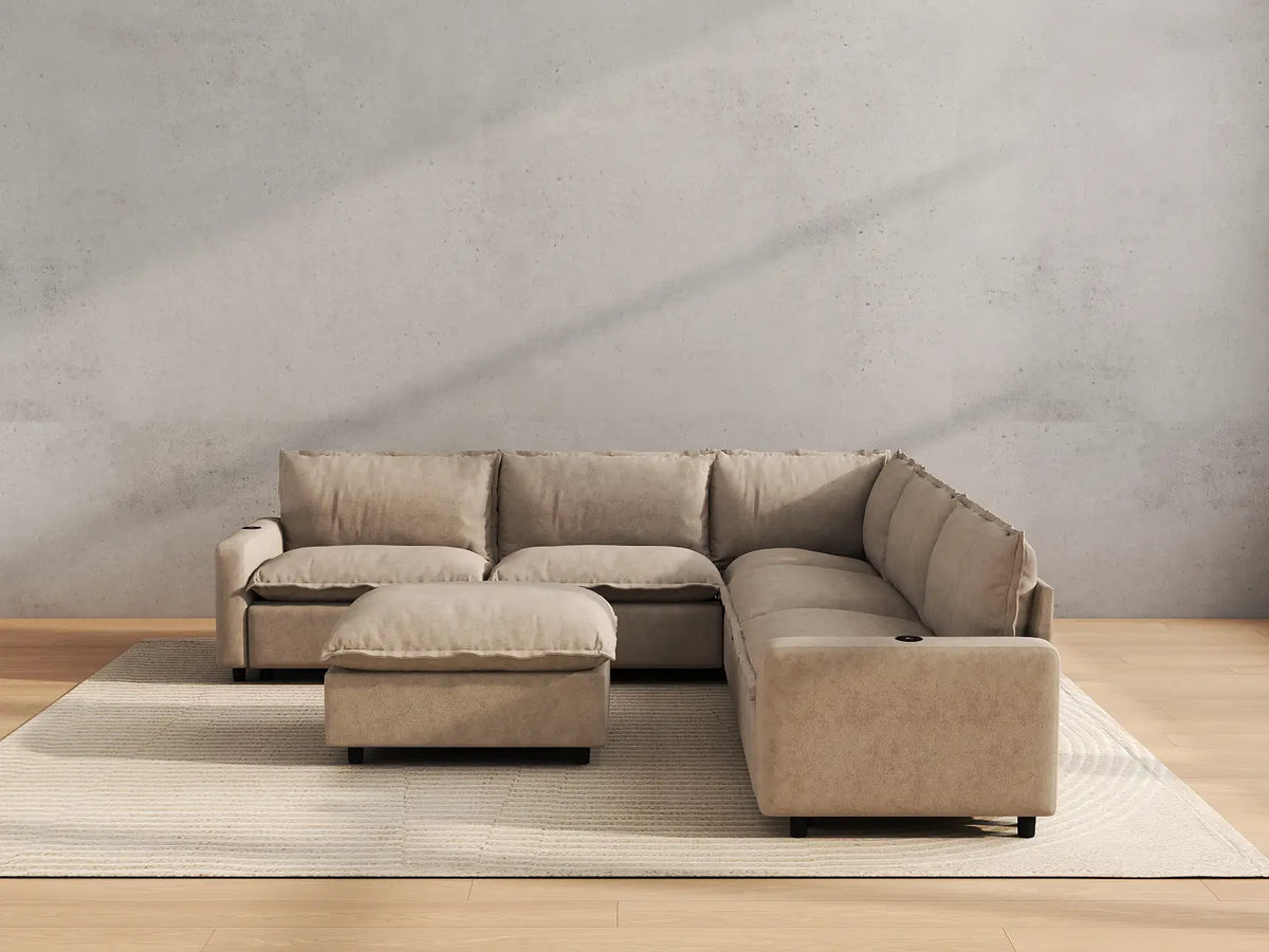 Modular Cero Reclining Sectionals | 6-Piece Khaki Linen Large Space Sofa Sets 5-Seater with 1-Ottoman