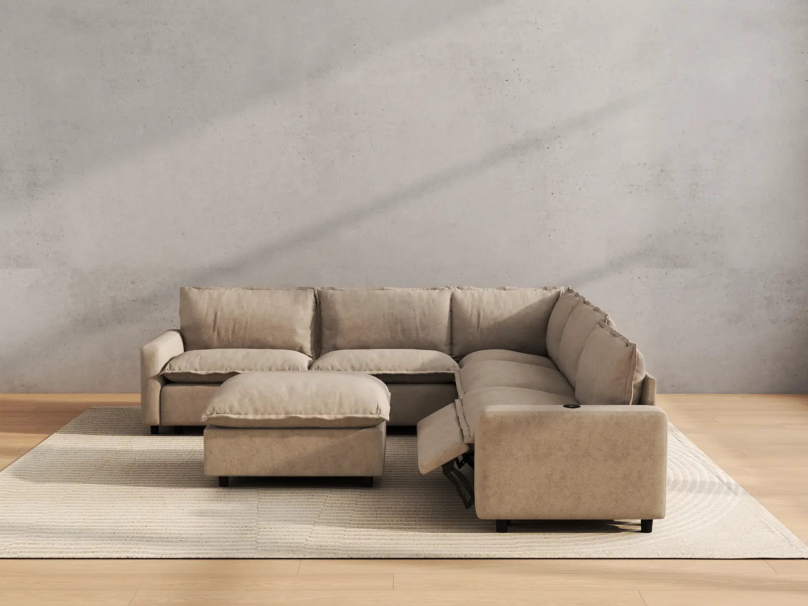 Modular Cero Sofa Recliner Set | 6-Piece Khaki Linen Large Space Sofa Sets 5-Seater with 1-Ottoman