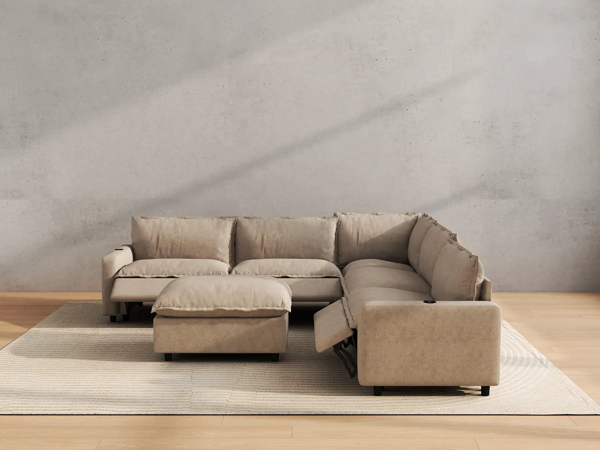 Modular Cero Reclining Sectionals | 6-Piece Khaki Linen Large Space Sofa Sets 5-Seater with 1-Ottoman