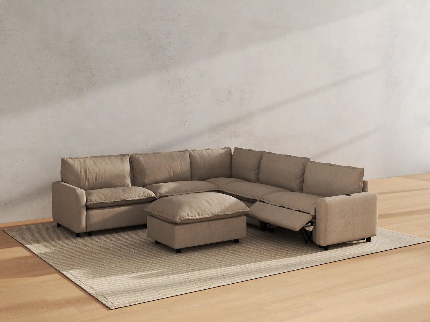 Modular Cero Reclining Sectionals | 6-Piece Khaki Linen Large Space Sofa Sets 5-Seater with 1-Ottoman