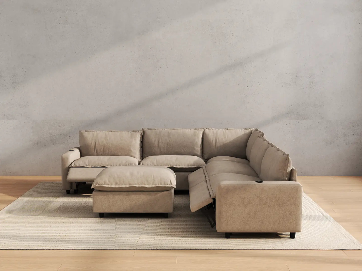 Modular Cero Reclining Sectionals | 6-Piece Khaki Linen Large Space Sofa Sets 5-Seater with 1-Ottoman