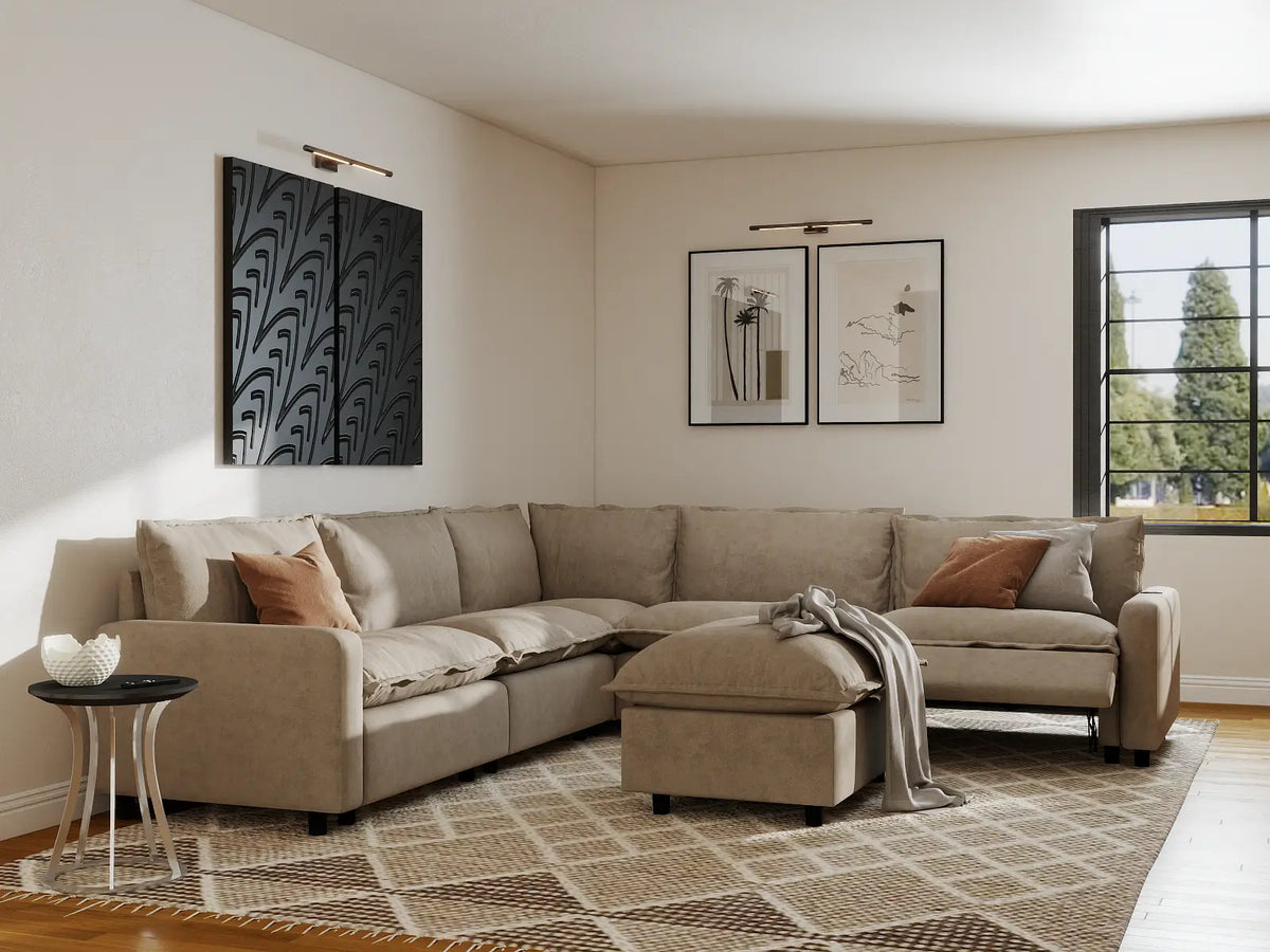 Modular Cero Reclining Sectionals | 6-Piece Khaki Linen Large Space Sofa Sets 5-Seater with 1-Ottoman