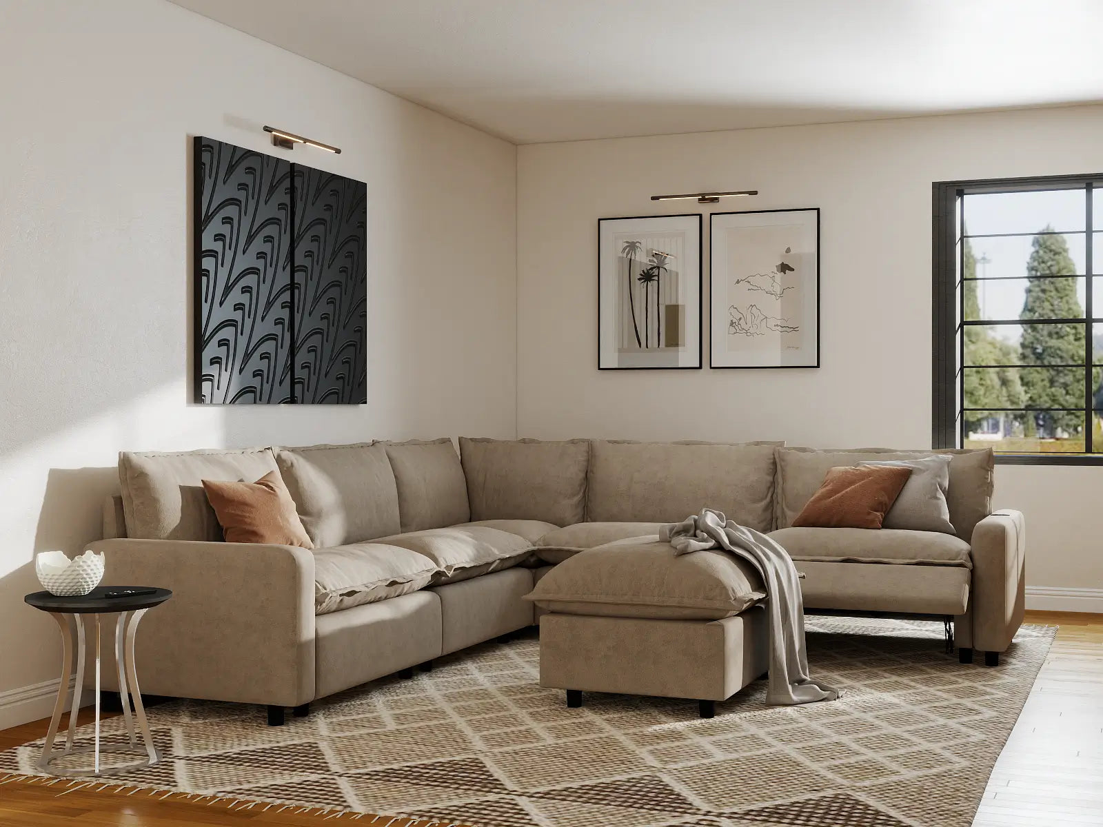 Modular Cero Sofa Recliner Set | 6-Piece Khaki Linen Large Space Sofa Sets 5-Seater with 1-Ottoman