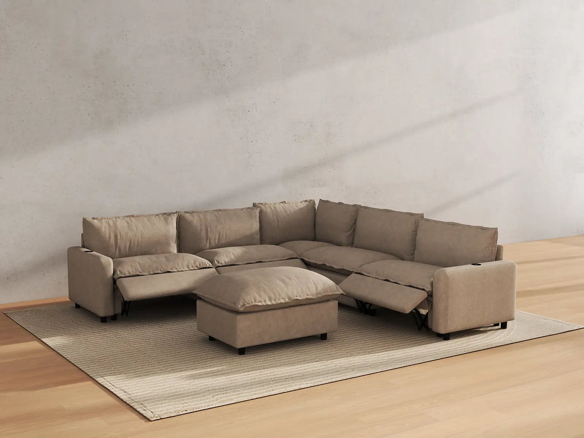 Modular Cero Reclining Sectionals | 6-Piece Khaki Linen Large Space Sofa Sets 5-Seater with 1-Ottoman