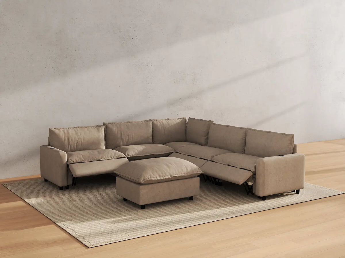 Modular Cero Reclining Sectionals | 6-Piece Khaki Linen Large Space Sofa Sets 5-Seater with 1-Ottoman