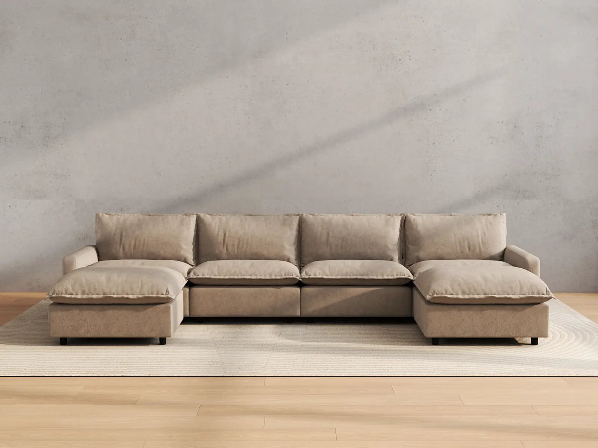Modular Cero Modular Sectionals | 6-Piece Khaki Linen Large Space U-Shaped Sectionals 4-Seater with 2-Ottomans