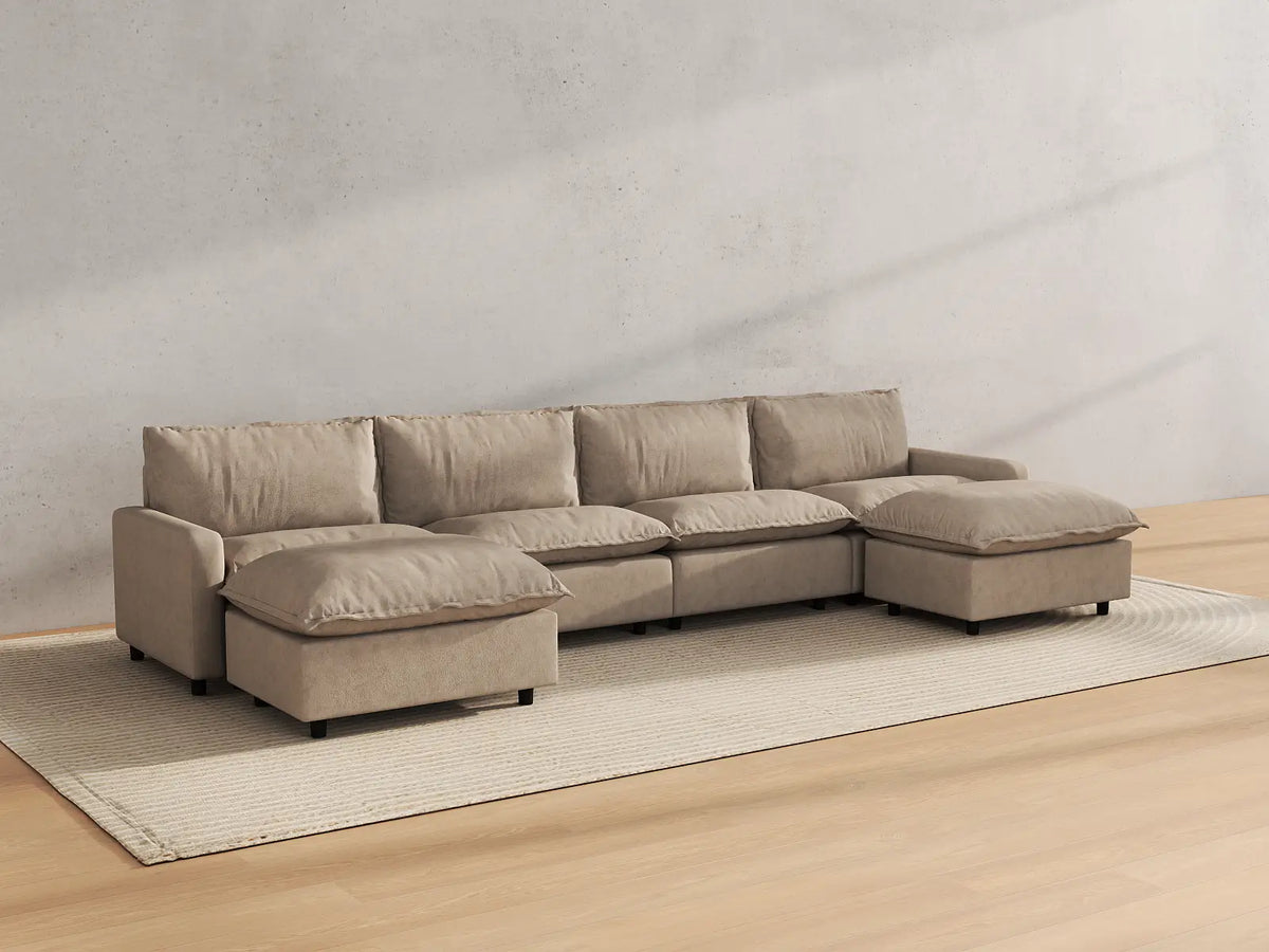 Modular Cero Modular Sectionals | 6-Piece Khaki Linen Large Space U-Shaped Sectionals 4-Seater with 2-Ottomans