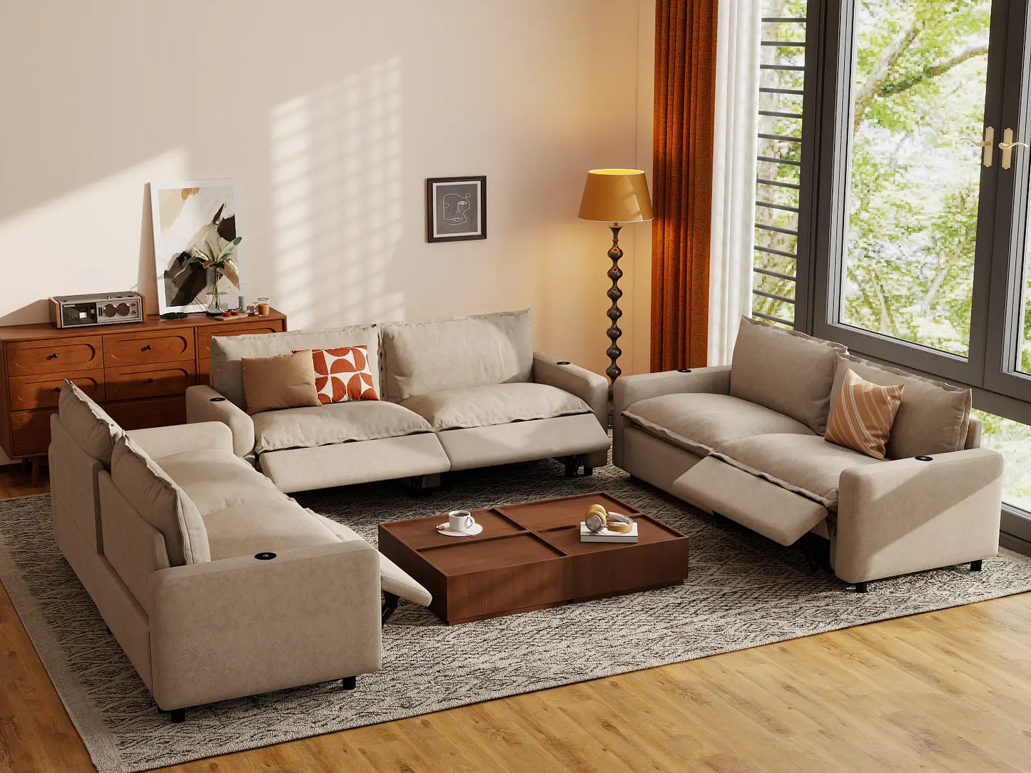 Modular Cero Reclining Sectionals | 6-Piece Khaki Linen Large Space U-Shaped Sectionals 6-Seater
