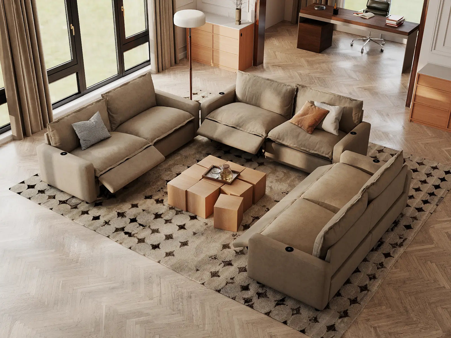 Modular Cero Reclining Sectionals | 6-Piece Khaki Linen Large Space U-Shaped Sectionals 6-Seater
