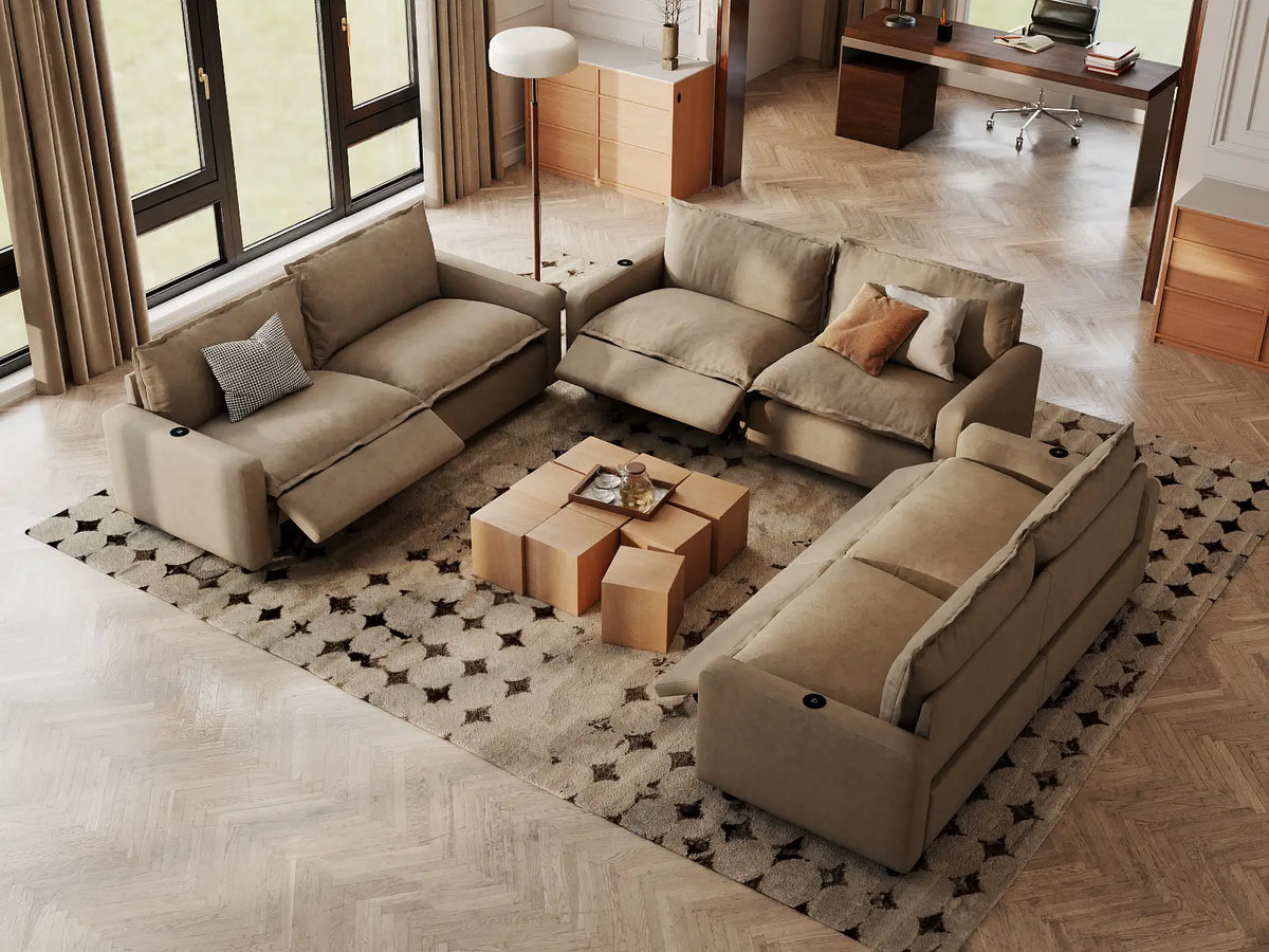 Modular Cero Reclining Sectionals | 6-Piece Khaki Linen Large Space U-Shaped Sectionals 6-Seater