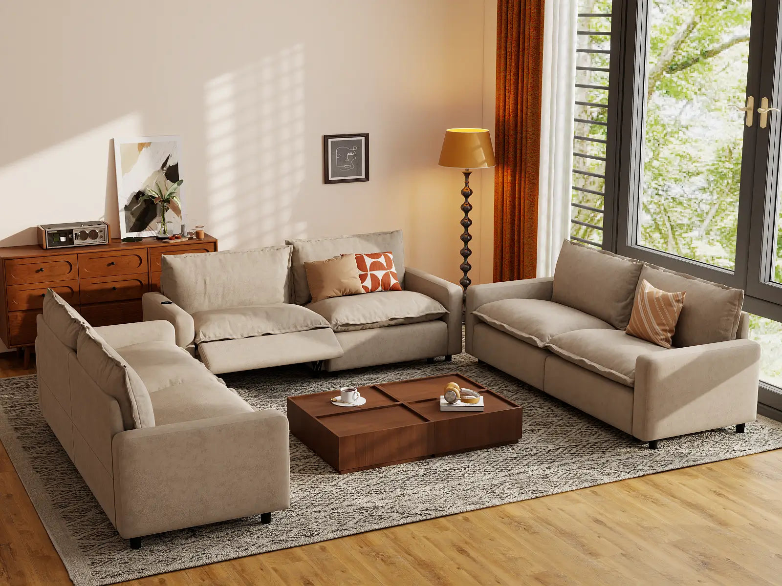 Modular Cero U Shaped Reclining Sectional | 6-Piece Khaki Linen Large Space U-Shaped Sectionals 6-Seater