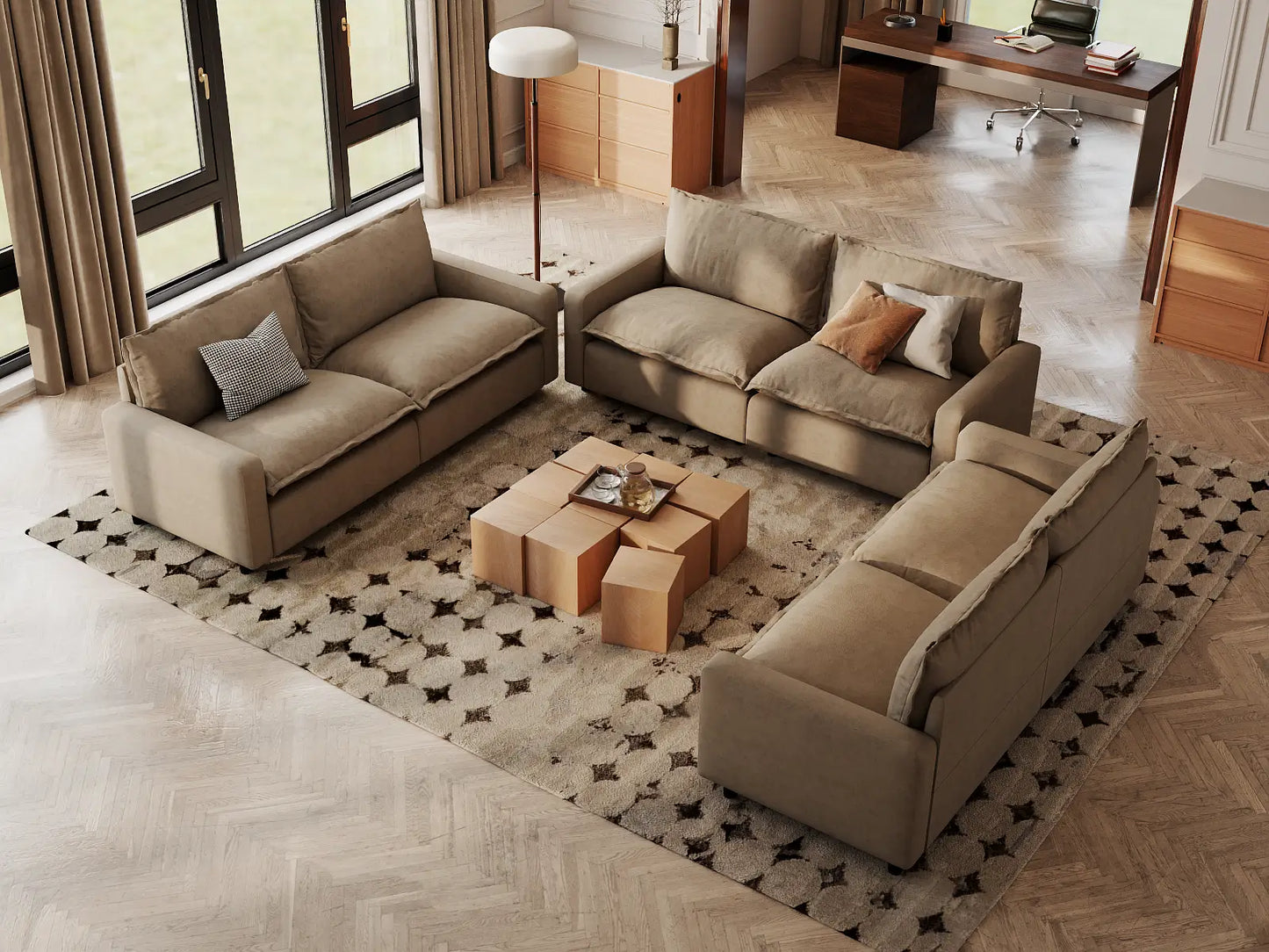 Modular Cero Modular Sectionals | 6-Piece Khaki Linen Large Space U-Shaped Sectionals 6-Seater