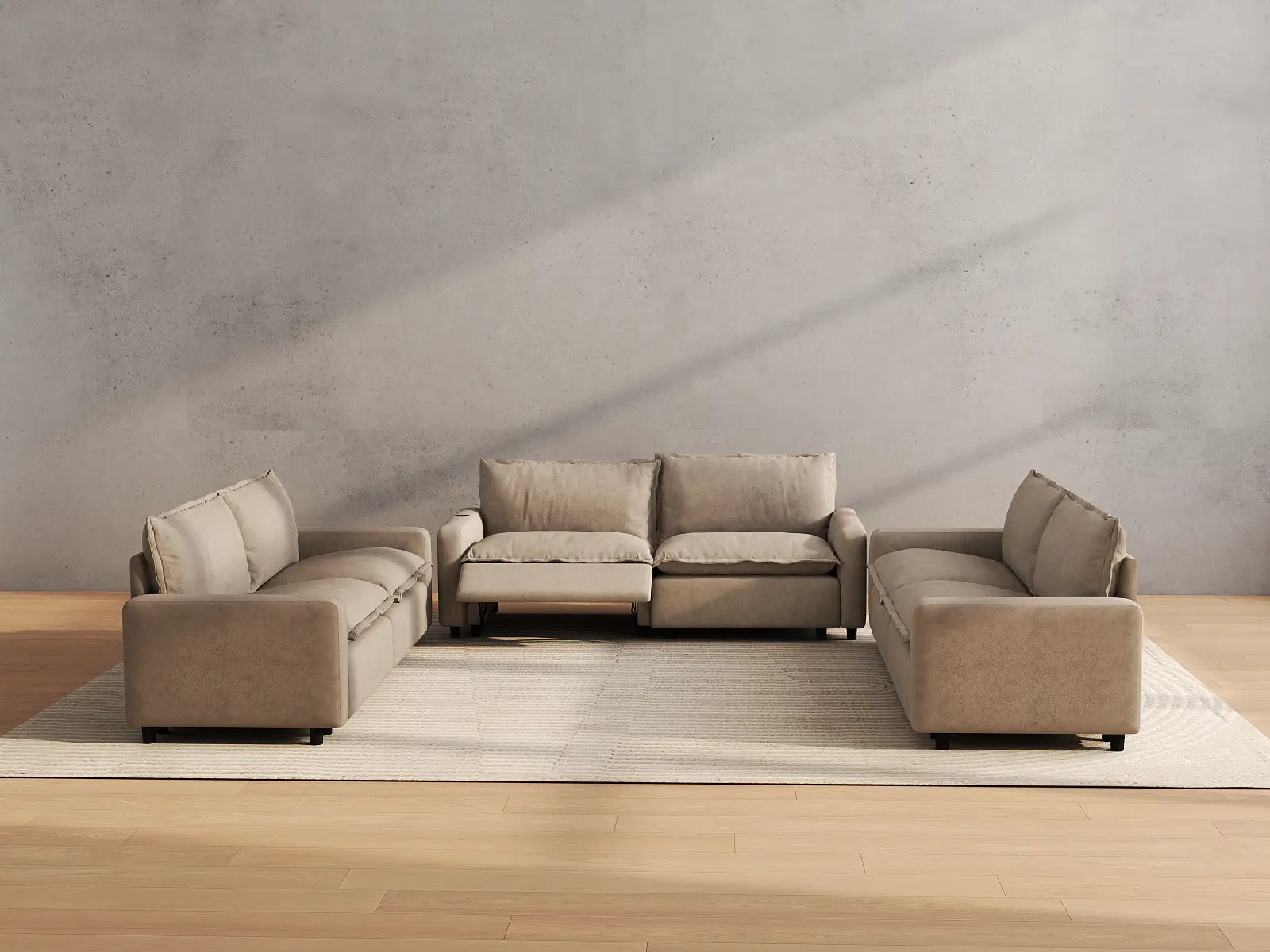 Modular Cero U Shaped Reclining Sectional | 6-Piece Khaki Linen Large Space U-Shaped Sectionals 6-Seater