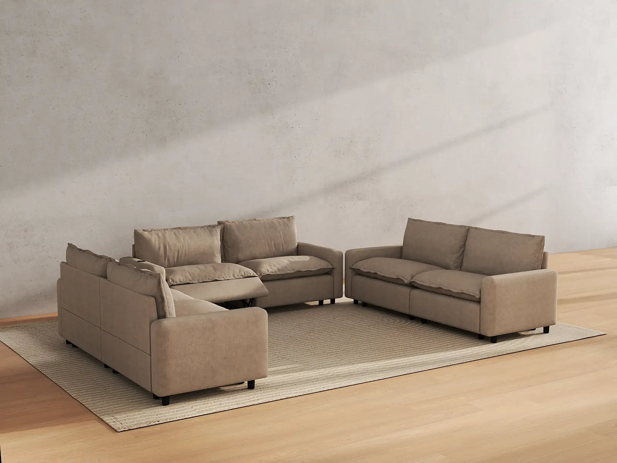 Modular Cero Reclining Sectionals | 6-Piece Khaki Linen Large Space U-Shaped Sectionals 6-Seater