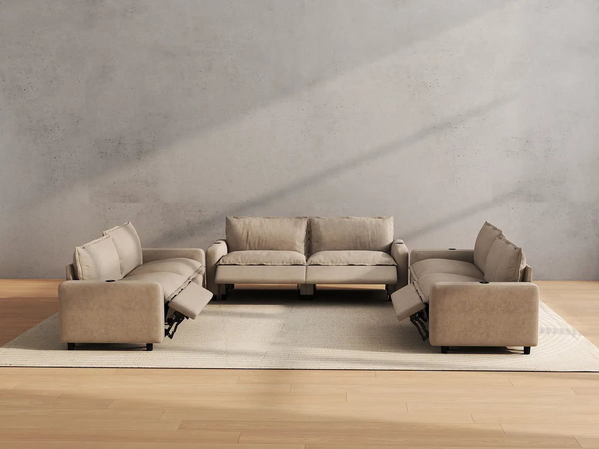 Modular Cero Reclining Sectionals | 6-Piece Khaki Linen Large Space U-Shaped Sectionals 6-Seater