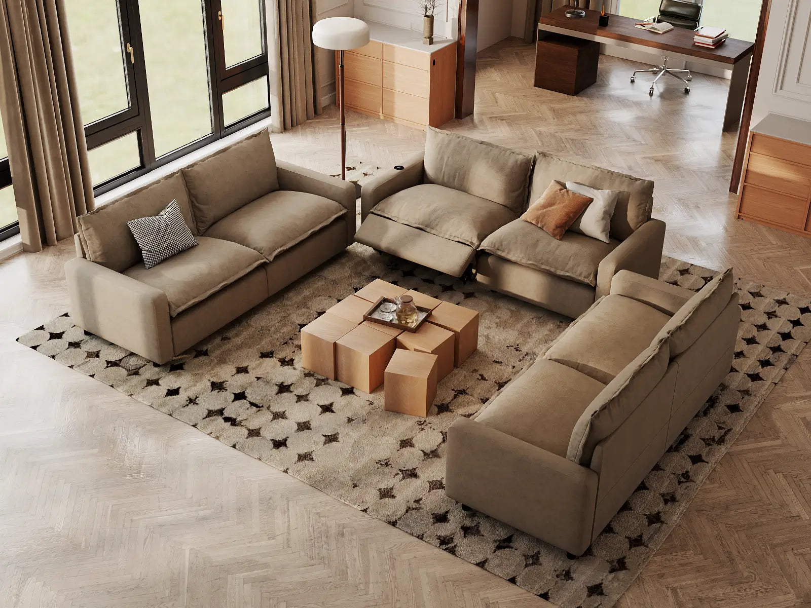 Modular Cero U Shaped Reclining Sectional | 6-Piece Khaki Linen Large Space U-Shaped Sectionals 6-Seater